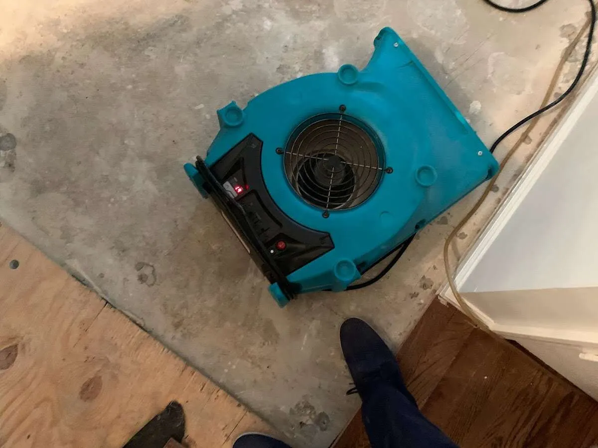 Air mover drying subfloor during Leak Detection & Repair in Mount Prospect